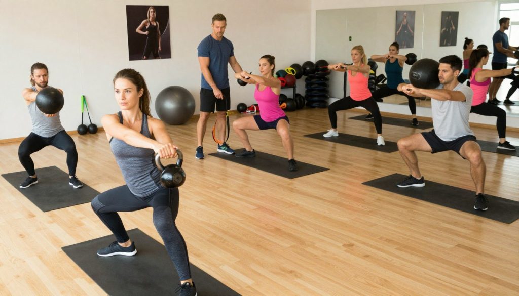 A bright and dynamic fitness studio with a diverse group of individuals engaged in functional fitness routines. In the foreground, a woman demonstrates a kettlebell swing, wearing a fitted athletic top and comfortable leggings, showcasing proper form. Beside her, a man performs a squat with a medicine ball, emphasizing strength and stability. In the middle ground, a trainer observes and provides guidance to a small group practicing balance exercises on stability balls. The background features gym equipment like resistance bands and free weights, along with motivational posters. The lighting is natural and bright, creating an energizing atmosphere. The angle is slightly elevated, capturing the action and engagement of participants, while conveying an inspiring and uplifting mood focused on vitality and health.