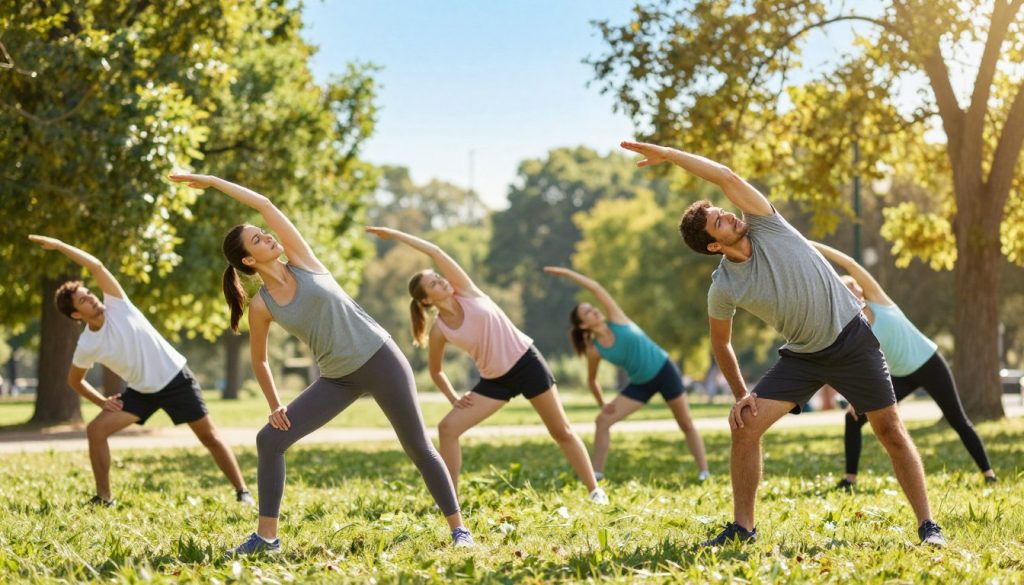 A bright and revitalizing morning scene featuring a diverse group of individuals engaged in a dynamic stretching sequence in a serene outdoor park setting. In the foreground, focus on two people: a woman in a neat, modest athletic outfit, stretching to the side, and a man in simple, casual workout clothes, performing a gentle forward bend. In the middle layer, add a few more participants, each engaged in various stretches, showcasing flexibility and energy. The background features soft green trees, dappled sunlight filtering through the leaves, and a clear blue sky to evoke a sense of freshness. Capture the moment with a slightly elevated angle, emphasizing movement and camaraderie. The overall mood should be vibrant and uplifting, inviting viewers to feel the morning energy and motivation.