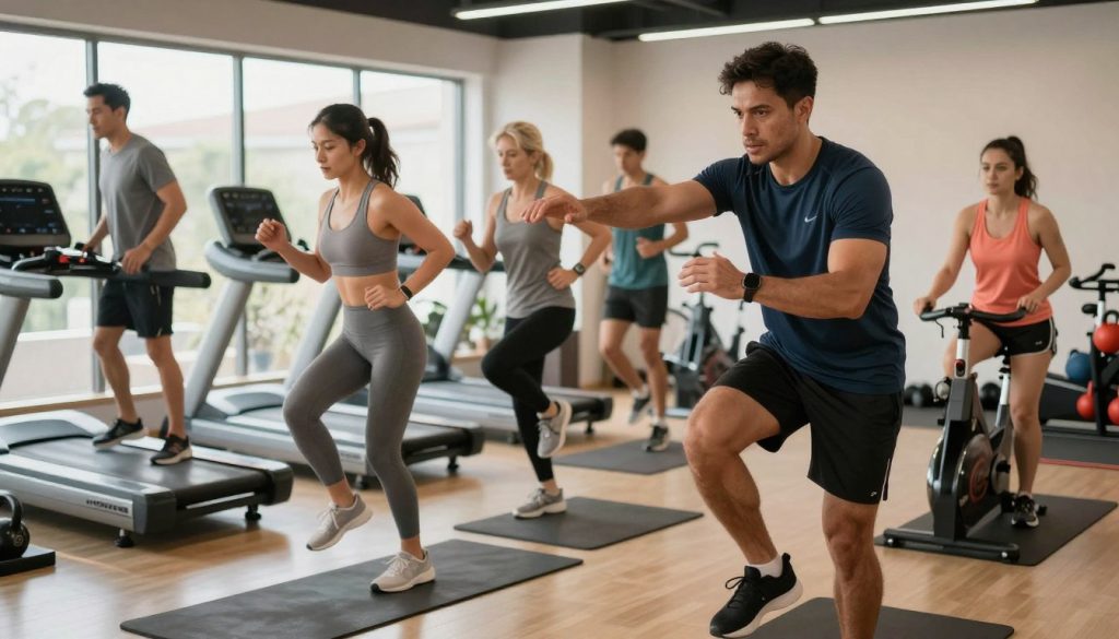 A dynamic indoor scene depicting a fitness coach guiding a small group of individuals engaged in an endurance workout test. In the foreground, a fit male coach in a professional athletic attire demonstrates a high-intensity exercise, focusing on form and technique. The middle ground features diverse participants of various ages and fitness levels, all in modest workout gear, displaying determination and focus as they perform exercises like running on a treadmill, cycling, or high-knees. The background has fitness equipment, like kettlebells and mats, and large windows letting in natural light, enhancing the atmosphere of motivation and effort. A warm and encouraging ambience fills the room, emphasizing the theme of assessing and boosting fitness levels. The image is captured with a slight upward angle to create an inspiring perspective.