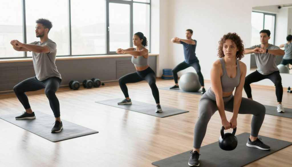 A dynamic scene showcasing a group of diverse individuals engaged in various functional exercise movements in a well-lit indoor gym setting. In the foreground, a person in modest athletic wear performs a kettlebell swing, demonstrating strength and focus. The middle ground features two individuals executing lunges and squats, showcasing teamwork and energy, while a third person is practicing balance on a stability ball. In the background, large windows let in ample natural light, enhancing the vibrant atmosphere. The gym is equipped with fitness mats and weights, contributing to an inviting, active environment. The camera angle is slightly elevated, capturing the movements in a way that emphasizes their functionality and vitality. Bright, motivating colors accentuate the scene, creating an uplifting mood focused on health and wellness.