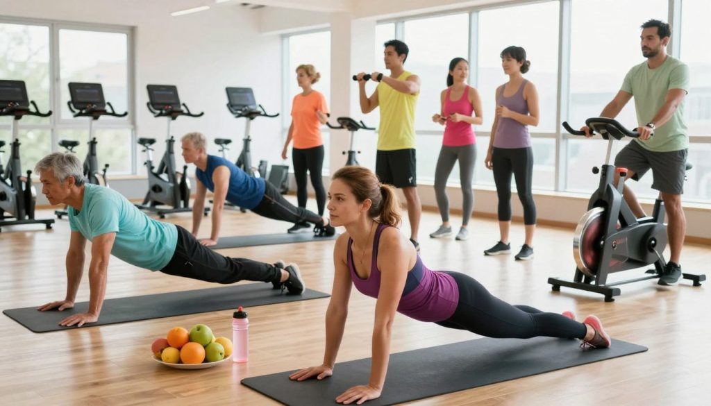 A lively fitness routine scene set in a bright, modern gym. In the foreground, a diverse group of individuals of varying ages and fitness levels engaged in various exercises; one is doing yoga on a mat, another lifting weights, while a third is using a stationary bike. The middle ground features exercise equipment and energy-boosting elements like fresh fruit and water bottles. In the background, large windows allow natural light to flood the space, enhancing the vibrant atmosphere. Soft wooden flooring contrasts with the bright colors of workout gear, creating an inviting ambiance. The mood exudes energy and motivation, inspiring viewers to improve their vitality through fitness.