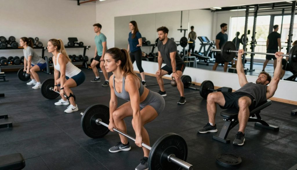 A spacious and well-lit gym environment featuring diverse strength training exercises. In the foreground, a fit woman in professional athletic wear performs a deadlift with perfect form, emphasizing her determination and focus. To the right, a man in modest workout clothing performs bench presses, showcasing his muscular build and dedication. In the middle ground, a group of individuals engages with various strength training equipment, each demonstrating different exercises like squats and kettlebell swings, conveying teamwork and motivation. The background includes large mirrors reflecting the bustling energy of the gym, with soft, natural lighting enhancing the uplifting atmosphere. The overall mood is vibrant and inspiring, highlighting the vitality and empowerment that comes from dedicated fitness routines.