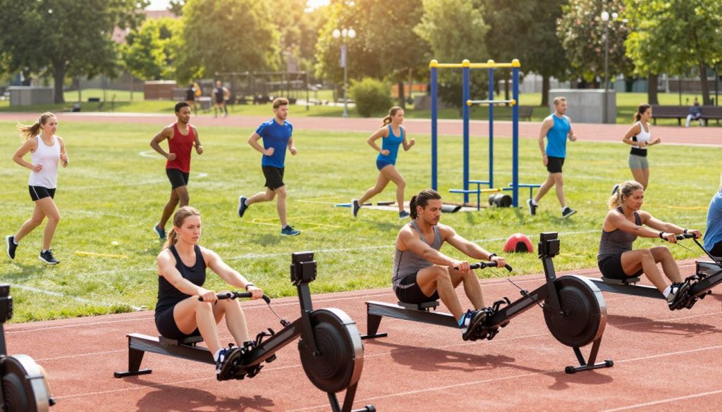 A vibrant and dynamic scene depicting various endurance training techniques. In the foreground, a diverse group of individuals in professional athletic wear perform activities such as running, cycling, and rowing, demonstrating their determination and focus. The middle ground features grassy fields and tracks, where more athletes engage in interval training and circuit workouts, showcasing a variety of exercise equipment. The background has a sunlit park with trees, creating a cheerful, energizing atmosphere. Utilize bright, natural lighting to enhance the mood, with a slight lens blur on the edges to emphasize the action in the center. Capture a sense of motivation and community as participants support each other in their training journeys.