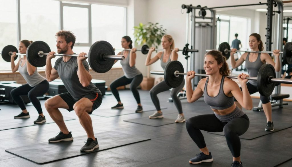 A vibrant and inspiring scene illustrating the key benefits of regular strength training. In the foreground, a diverse group of people, including a muscular man lifting weights and a woman performing a squat, both in fitness attire. Their expressions reflect determination and joy. In the middle ground, showcase a well-equipped gym environment with strength training machines, free weights, and exercise mats. The background features a large window letting in natural light, highlighting a plant for a touch of nature. Emphasize a warm, motivating atmosphere evocative of health and empowerment. Capture the moment with a bright, well-lit tone, focusing on the subjects at eye level to convey accessibility and encouragement.