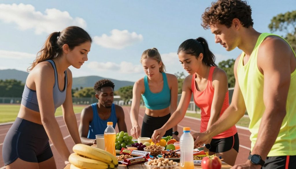 A vibrant, engaging scene showcasing nutrition strategies for endurance athletes. Foreground: A diverse group of three athletes, one male and two female, dressed in colorful athletic wear, examining a spread of nutritious foods like bananas, energy bars, nuts, and sports drinks laid out on a picnic table. Middle ground: An outdoor setting featuring a track or trail, with distant hills and trees, capturing the essence of active outdoor life. Background: A bright blue sky with a few fluffy clouds, suggesting an energizing day. The lighting is warm, reflecting a sunny afternoon, casting soft shadows that emphasize the athletes and the spread of food. The overall mood is motivational and dynamic, evoking the spirit of endurance training and healthy eating.