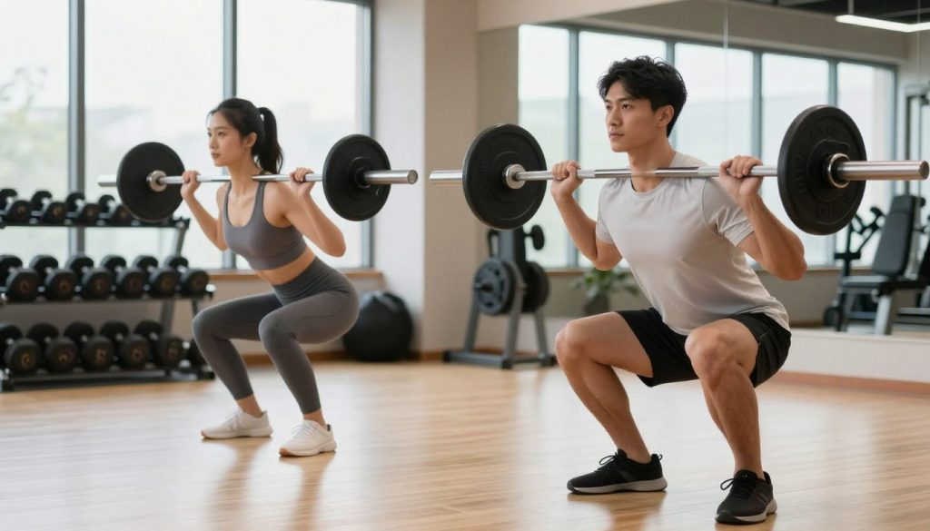 A well-lit fitness studio with a wooden floor, showcasing a male and female athlete demonstrating proper form in strength training. In the foreground, the male athlete is performing a squat with a barbell, exhibiting perfect posture, while the female athlete is executing a deadlift with a straight back and engaged core. Both athletes are wearing modest athletic clothing. In the middle, gym equipment like dumbbells and weights are neatly organized, emphasizing a professional training environment. The background features large windows allowing natural light to filter in, creating a bright and inviting atmosphere. The focus is sharp on the athletes, capturing their concentration, while a slight blur in the background adds depth. The overall mood is motivating and educational, ideal for illustrating safety techniques in strength training.