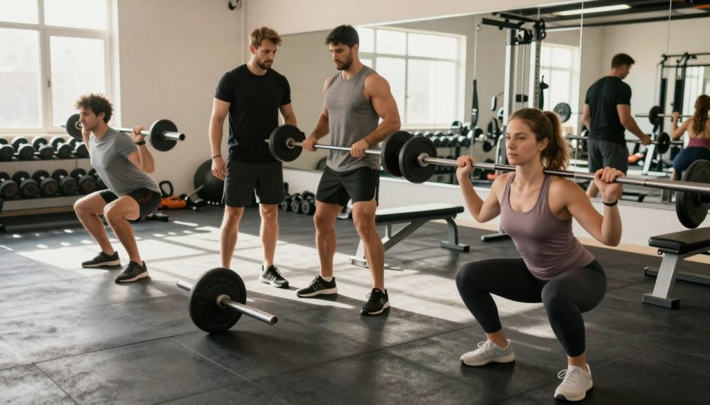 A well-lit gym setting showcasing a diverse group of individuals performing fundamental strength training exercises. In the foreground, a woman in modest athletic wear executes a squat with a barbell, demonstrating proper form, while a man in casual fitness attire performs a deadlift. In the middle, a trainer offers guidance to a beginner using free weights. The background features gym equipment such as dumbbells and a training bench, with large mirrors reflecting the engaged atmosphere. Natural light streams in through windows, casting a warm glow and enhancing the vibrant energy of the scene. The overall mood is motivational and encouraging, promoting a sense of community and lifelong fitness.